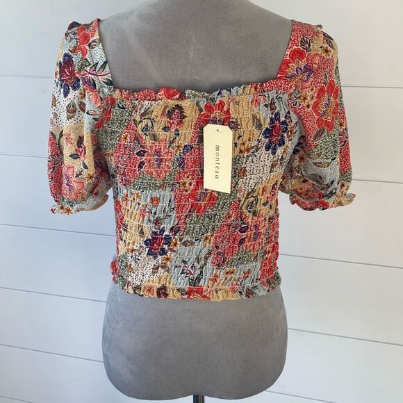 Orange and Red Puff Sleeve Smocked Blouse - Picture 6 of 8